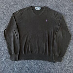 Polo Ralph Lauren Sweater Mens XL Black V Neck Pima Cotton Purple Pony Logo
